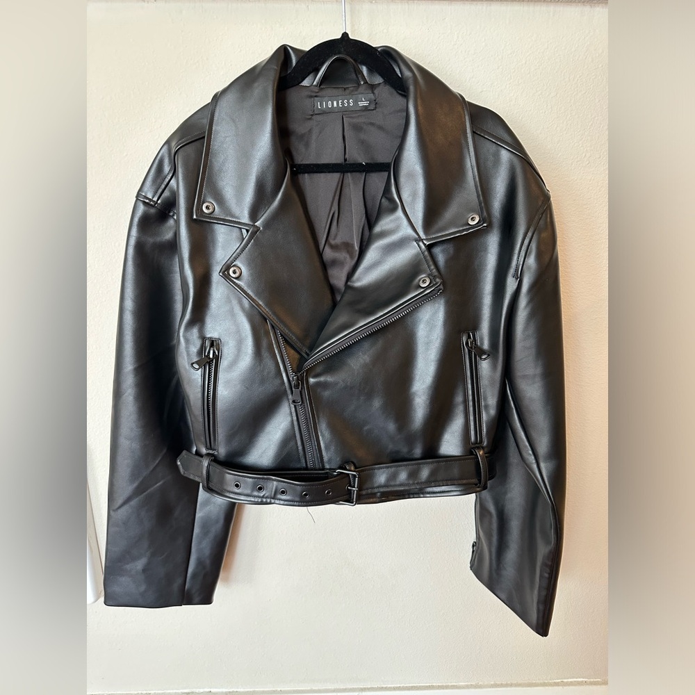 LIONESS black vegan leather moto jacket in size Large